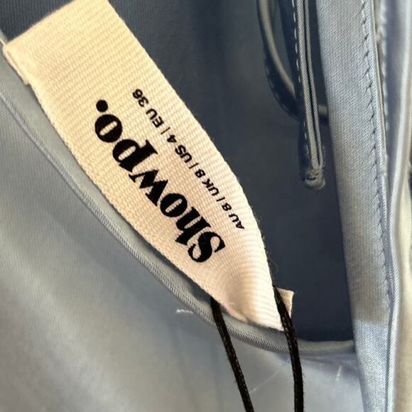 NWT Showpo Adriene Baby Blue Satin Plunge Babydoll Slit Halter Maxi Dress - Picture 6 of 7